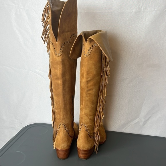 Frye Ray Fringe Over the Knee Tall Suede Grommet Pointed Toe Boots Tan 6.5 - Picture 5 of 13
